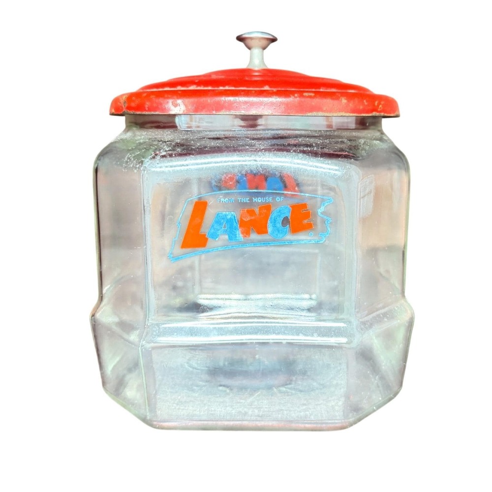 Vintage Lance Cracker Jar Display Glass Octagonal Cookie Canister Red Metal Lid